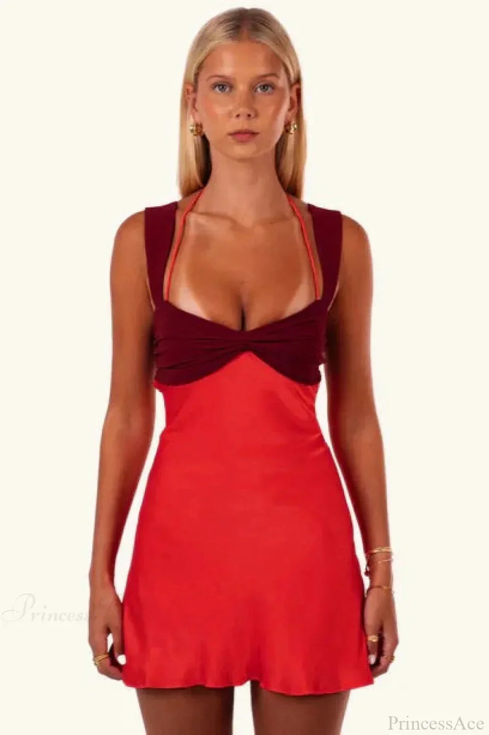 Twist Front Ruched Bust Halter Strap Satin Side Slit Mini Dress 3