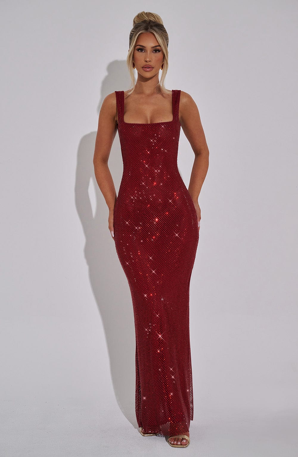 Square Neck Rhinestone Mesh Embellished Column Floor Length Gown