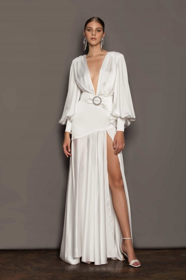 Satin Plunge V-Neck Bishop Sleeve Belted Buckle Waist A-Line Maxi Gown 7