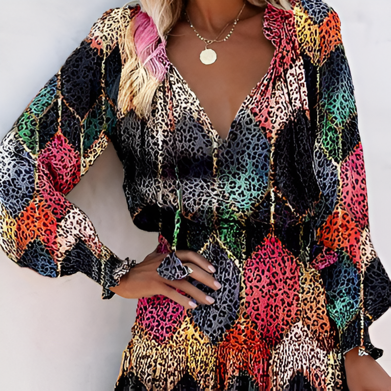 Print Ruffle Neck Smocked Waist Balloon Sleeve Tiered Mini Dress 2
