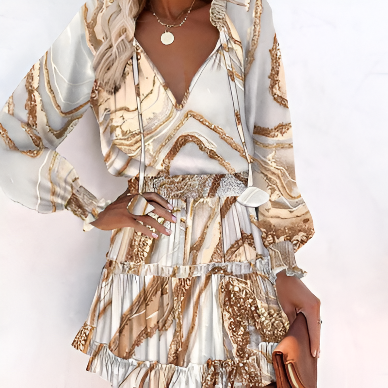 Print Ruffle Neck Smocked Waist Balloon Sleeve Tiered Mini Dress 3