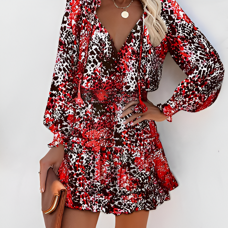 Print Ruffle Neck Smocked Waist Balloon Sleeve Tiered Mini Dress 4