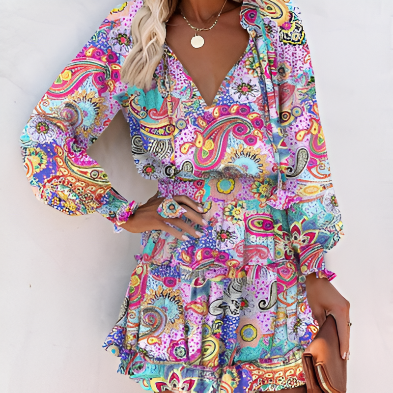 Print Ruffle Neck Smocked Waist Balloon Sleeve Tiered Mini Dress 5