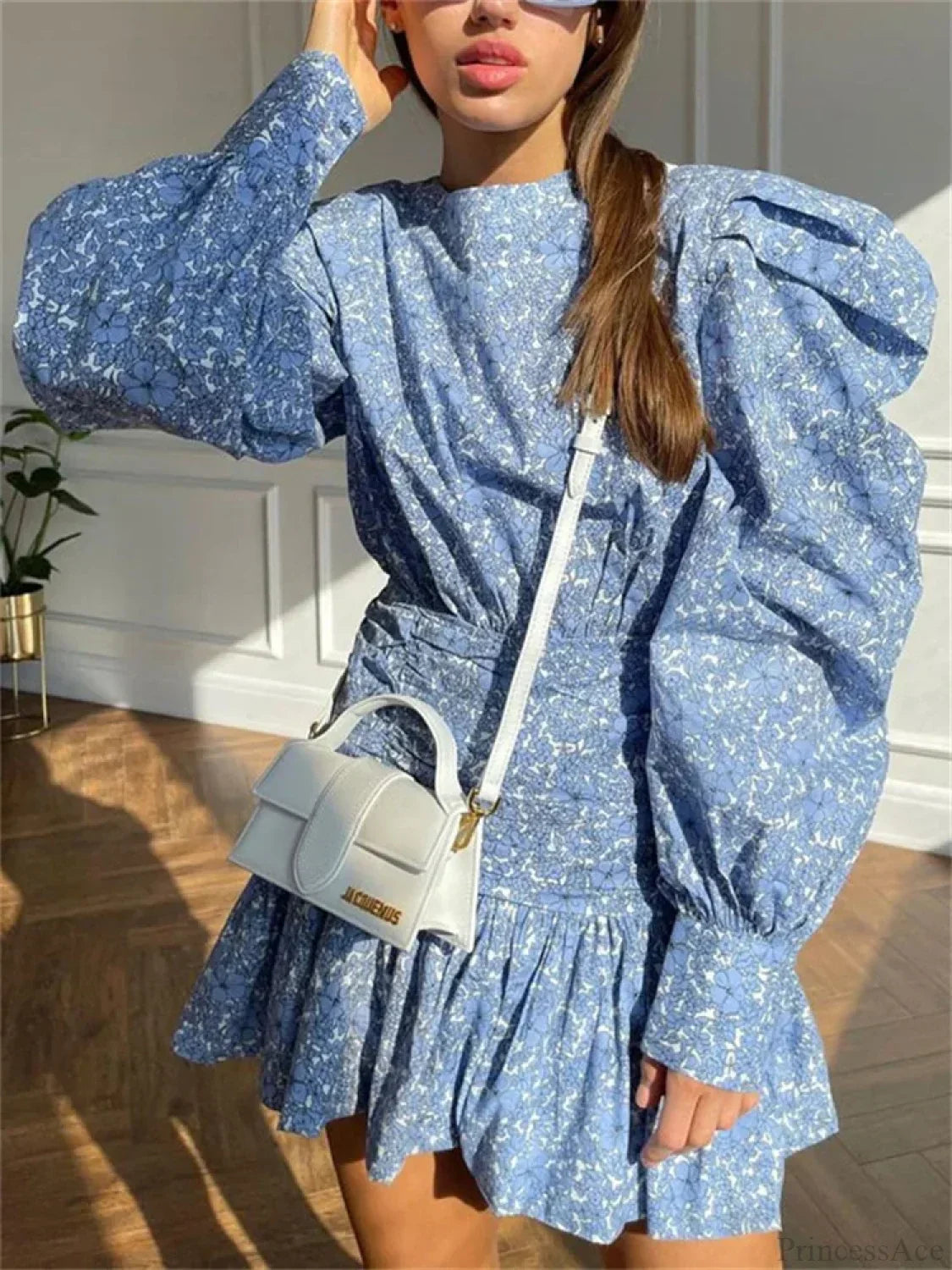 Floral Print Crew Neck Puff Sleeve Ruched Waist Tiered Ruffle Mini Dress 3