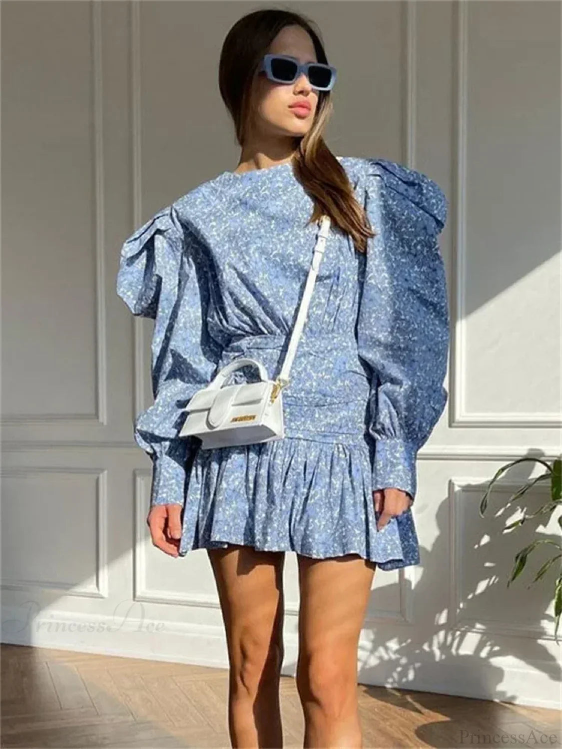 Floral Print Crew Neck Puff Sleeve Ruched Waist Tiered Ruffle Mini Dress 2