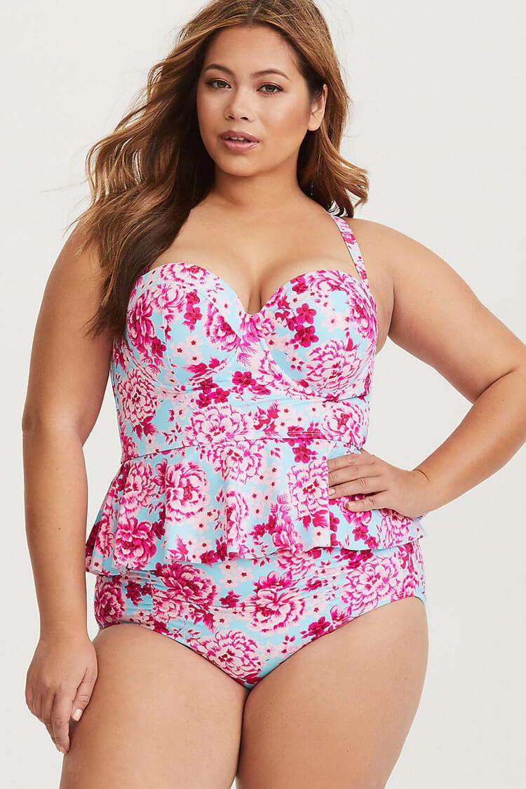 Plus Size Blooming Floral Underwire Peplum Tankini Swimsuit - Two Piece Set