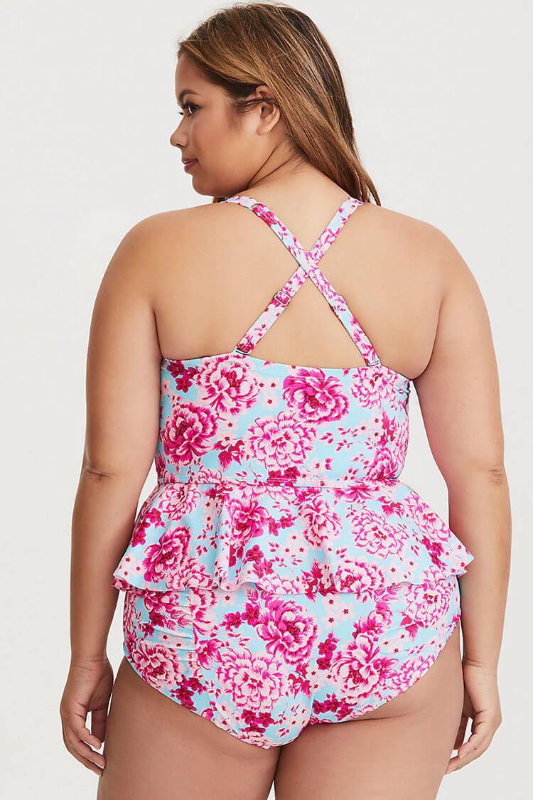 Plus Size Blooming Floral Underwire Peplum Tankini Swimsuit - Two Piece Set