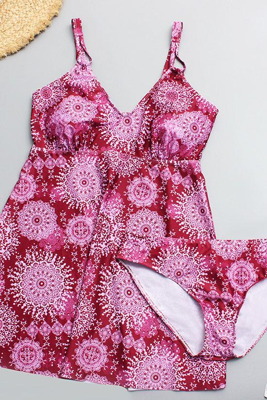 Plus Size Boho Floral V Neck Bikini Swimdress - Two Piece Set