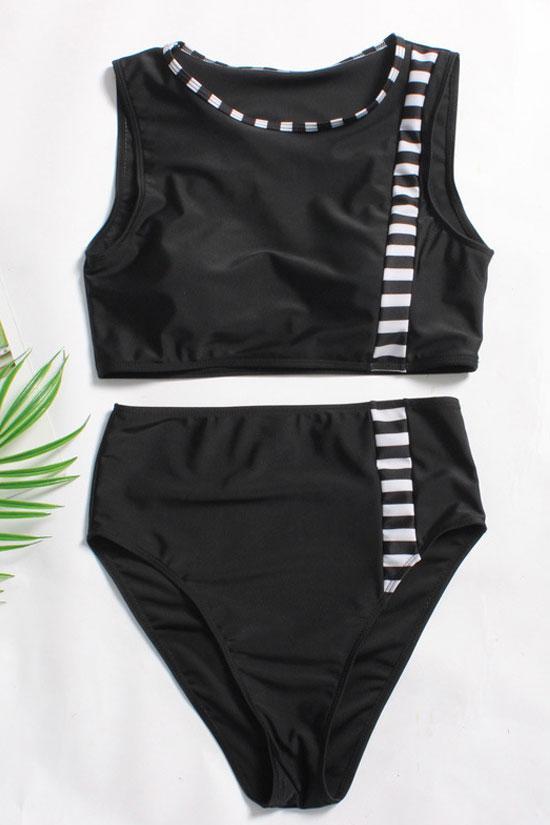 Plus Size Contrast Striped High Waisted Crop Bikini Swimsuit - Two Piece Set