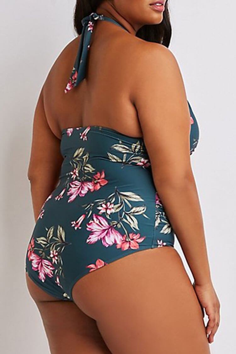 Plus Size Floral Printed Ruched Halter One Piece Swimsuit