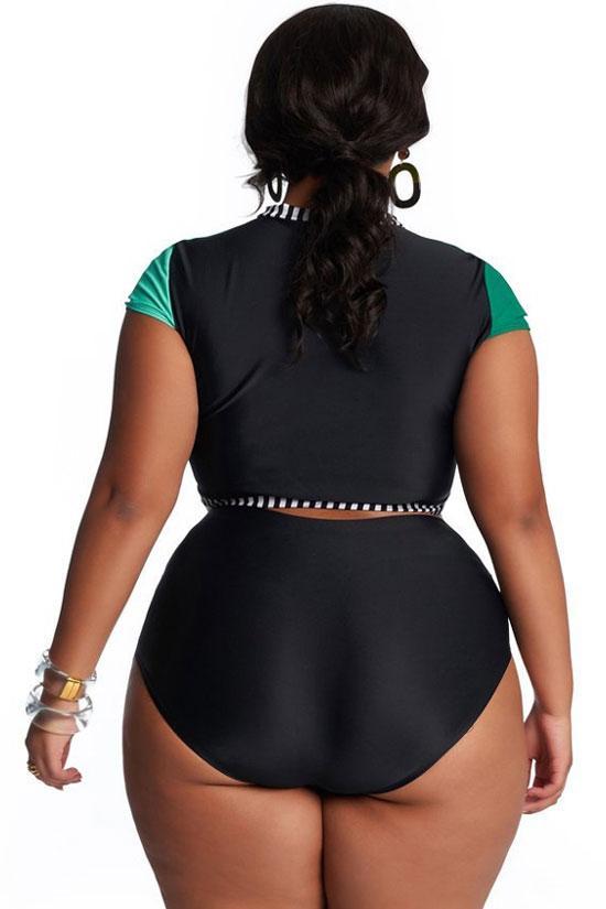 Plus Size High Waist Color Block Sleeved Crop Bikini Swimsuit - Two Piece Set
