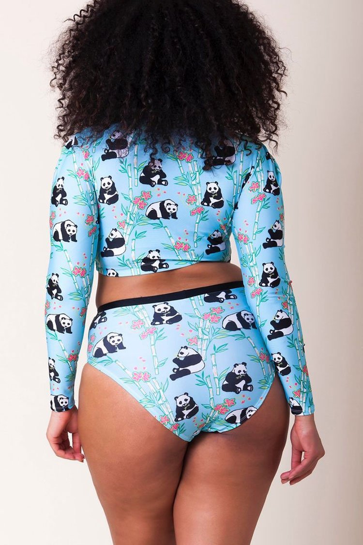 Plus Size Panda High Waist Sleeved Crop Bikini Swimsuit - Two Piece Set