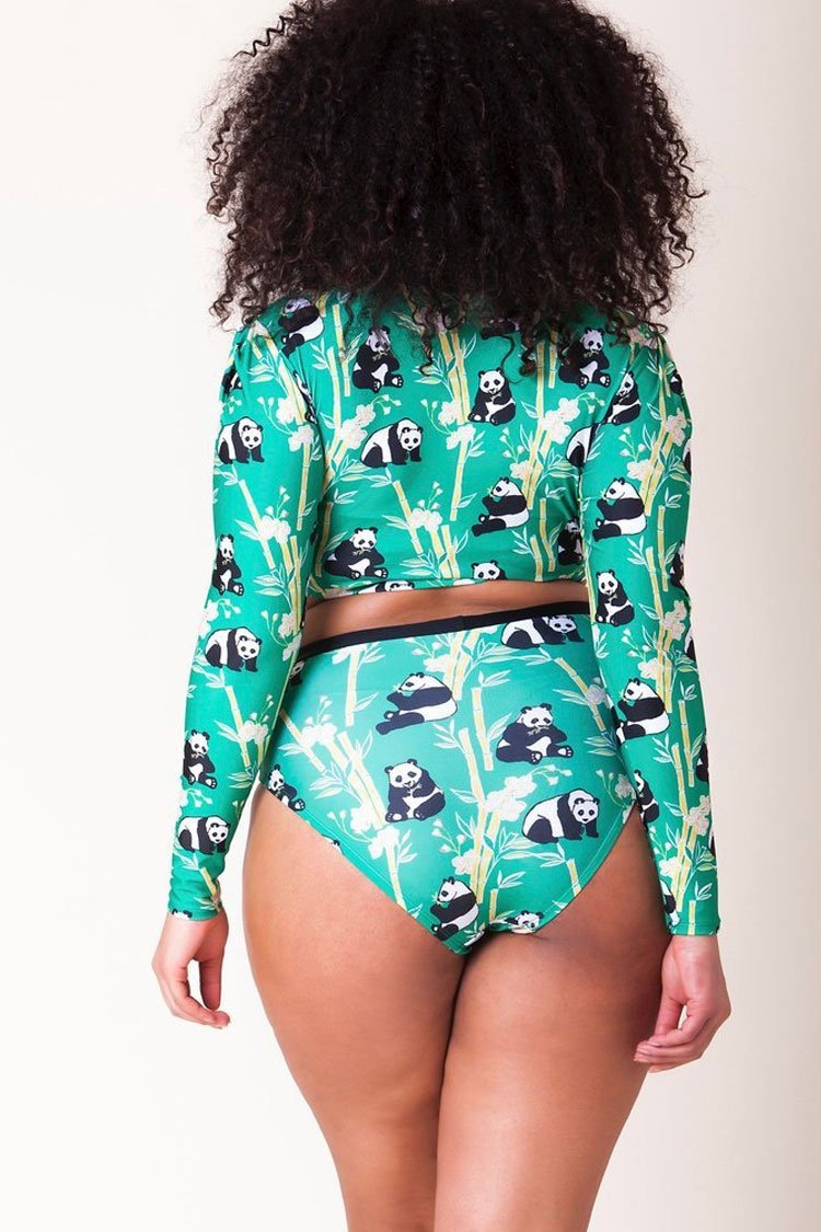 Plus Size Panda High Waist Sleeved Crop Bikini Swimsuit - Two Piece Set