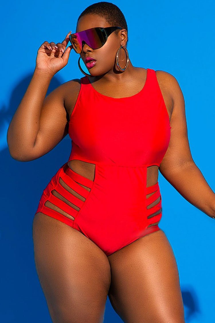 Plus Size Solid Strappy Cutout Monokini One Piece Swimsuit