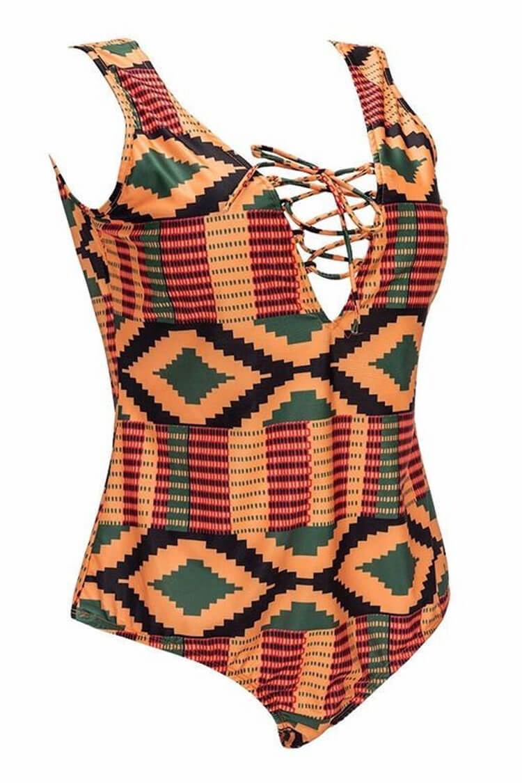 Plus Size Tribal Geometric Lace Up V Neck One Piece Swimsuit