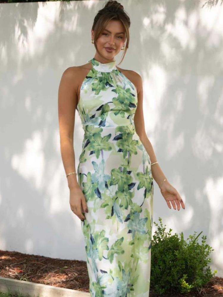 Satin Floral Print Halter Mock Neck Tie Back Maxi Dress 3