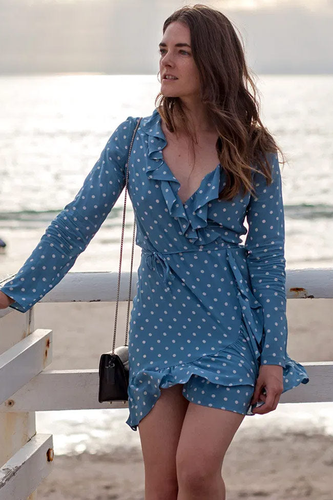 V-Neck Ruffle Trim Long Sleeve Tie Waist Wrap Polka Dot Mini Dress 2