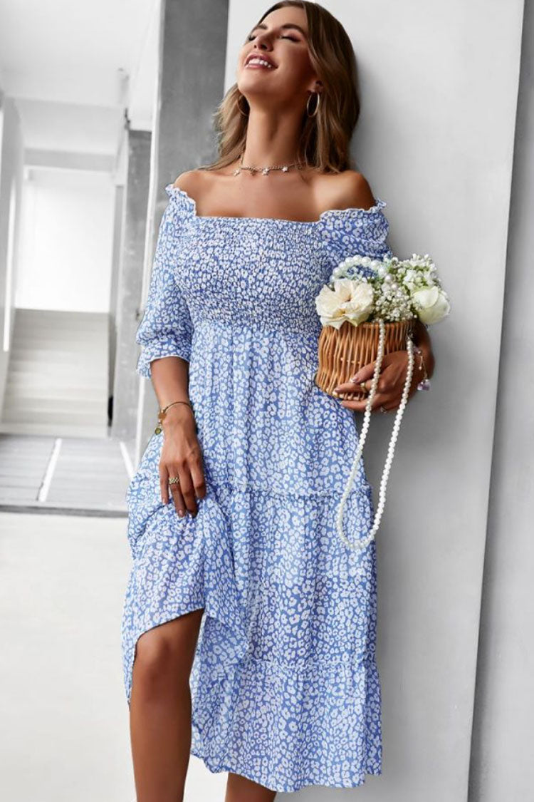 Off Shoulder Smocked Tiered Puff Sleeve Ditsy Floral A-Line Midi Dress 2