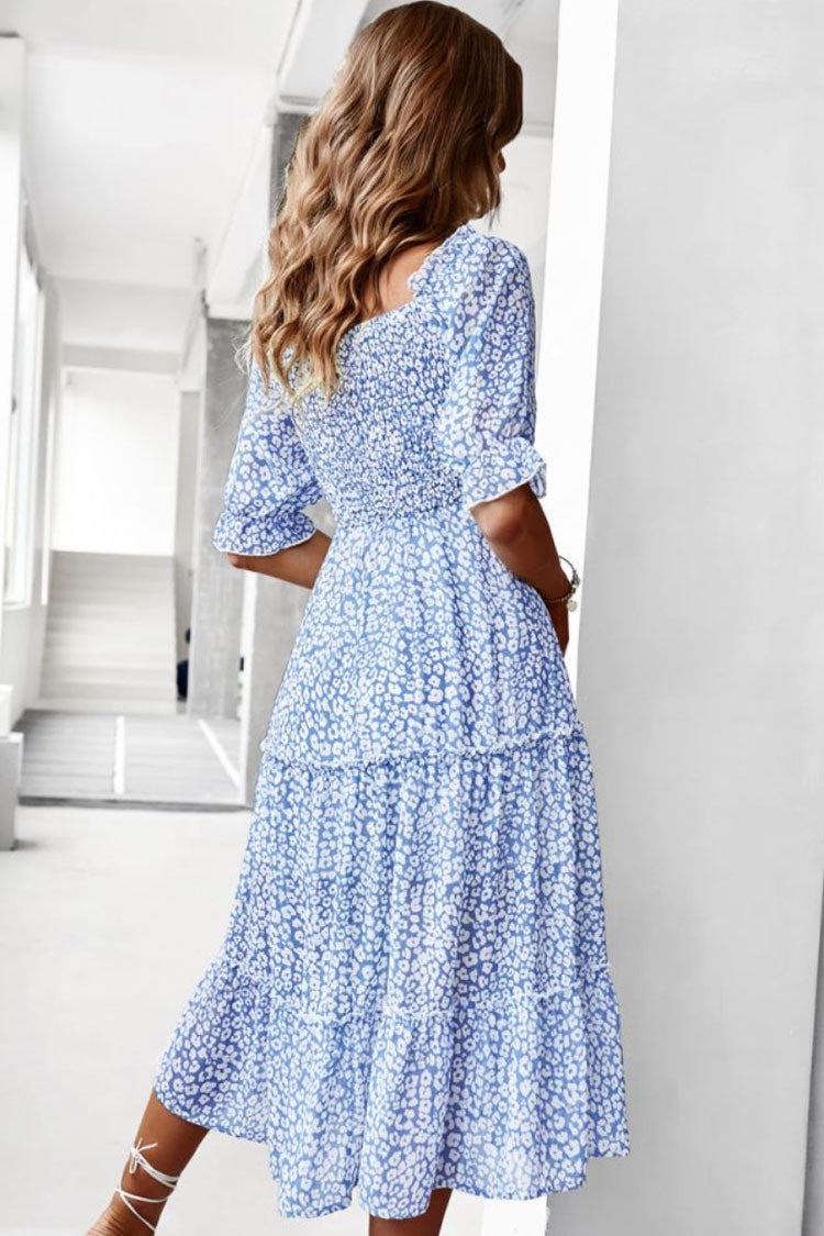Off Shoulder Smocked Tiered Puff Sleeve Ditsy Floral A-Line Midi Dress 3