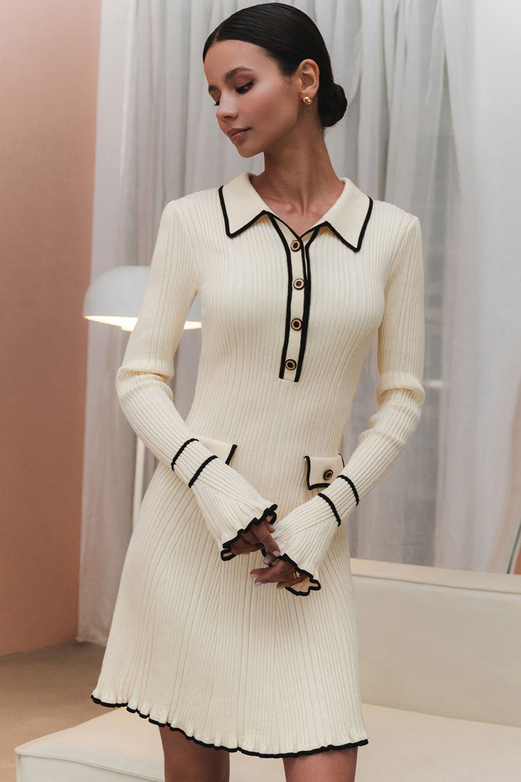 Contrast Collar Button Front Long Sleeve Ribbed Knit Sweater Mini Dress
