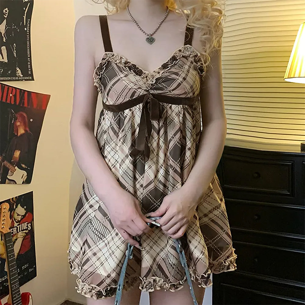 Plaid Babydoll Sweetheart Lace Trim Velvet Bow Empire Mini Dress 3