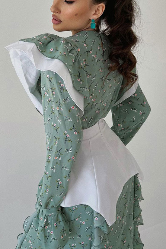 Ditsy Floral Print Oversized Ruffle Shoulder Corset Belt Long Sleeve Midi Dress 3