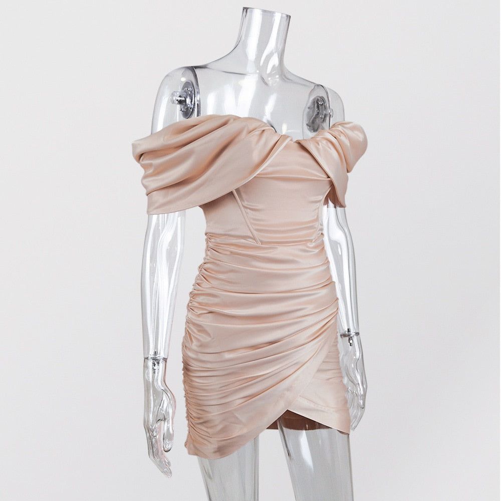 Off Shoulder Satin Ruched Bodycon Mini Dress 11