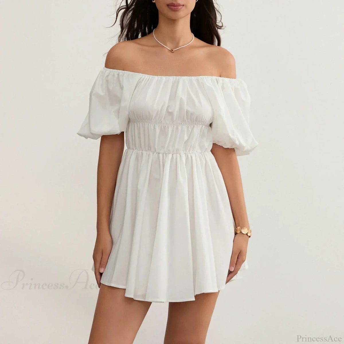 Off Shoulder Puff Sleeve Smocked Empire Waist Mini Dress 3