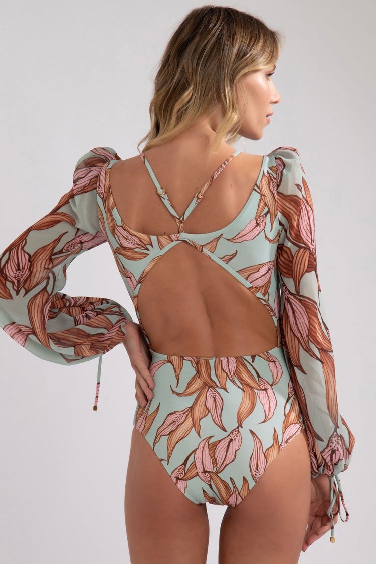 Puff Sleeve Tropical Print Cutout V Neck One Piece Swimsuit