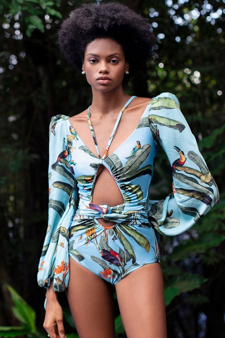 Puff Sleeve Tropical Print Cutout V Neck One Piece Swimsuit