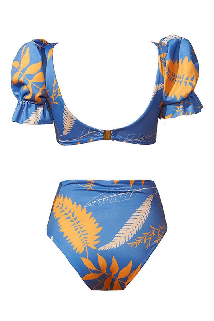 Puff Sleeve Tropical Print V Neck Bikini Swimsuit - Two Piece Set