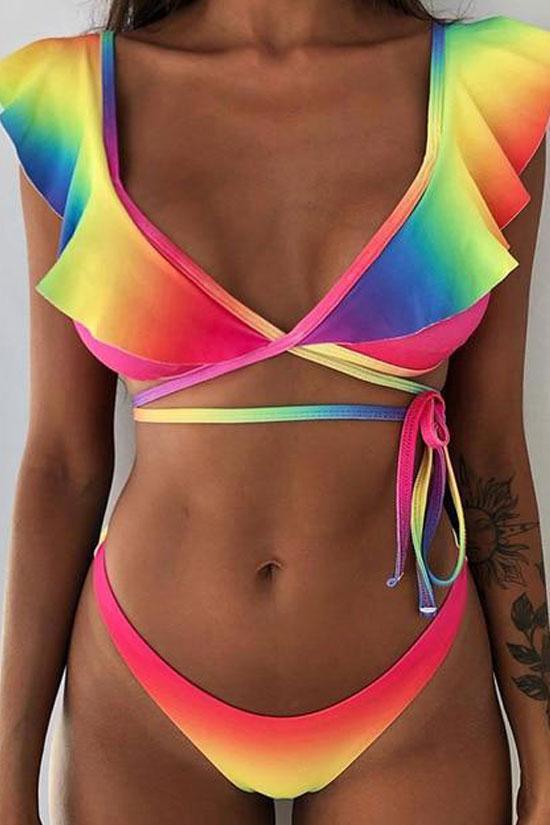 Rainbow Color Brazilian Cut Ruffle Tie String Bikini Swimsuit - Two Piece Set