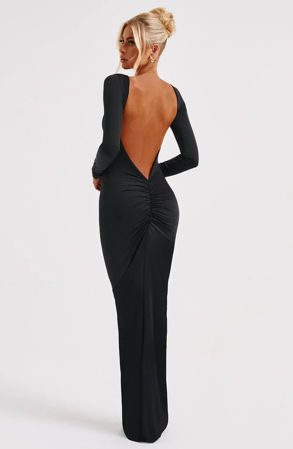Boat Neck Long Sleeve Open Back Ruched Column Maxi Dress 6