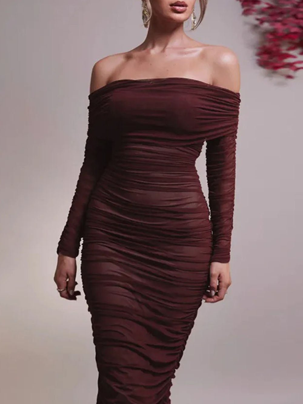 Off-Shoulder Ruched Mesh Long Sleeve Bodycon Maxi Dress 2