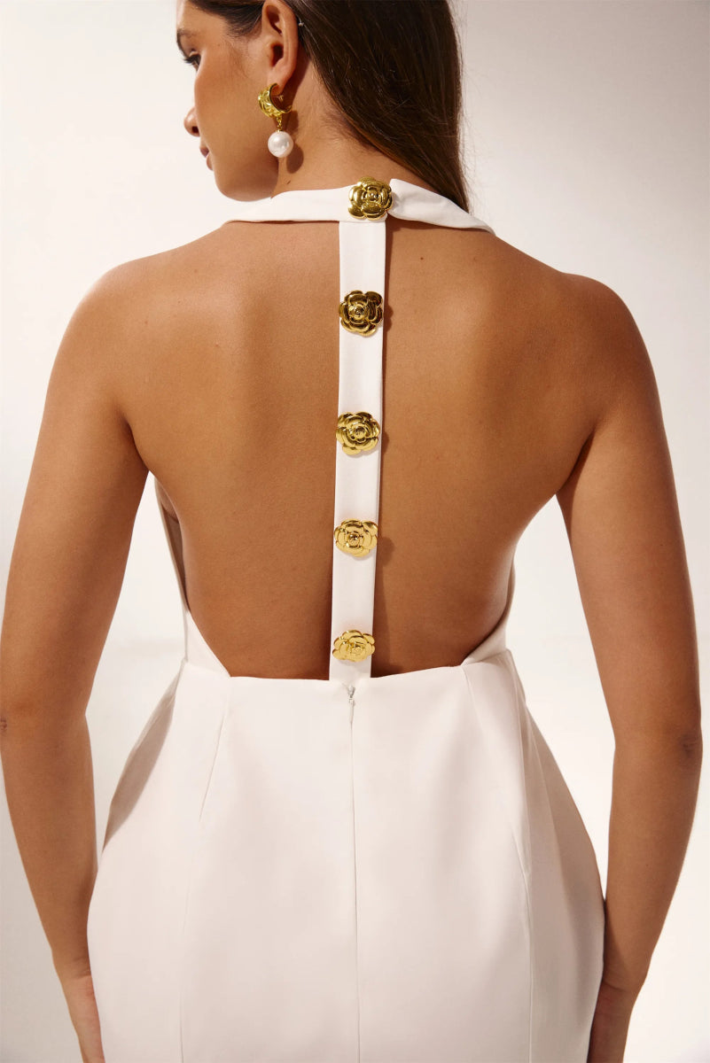 Halter Square Neck Button Structured Tulip Mini Dress 12