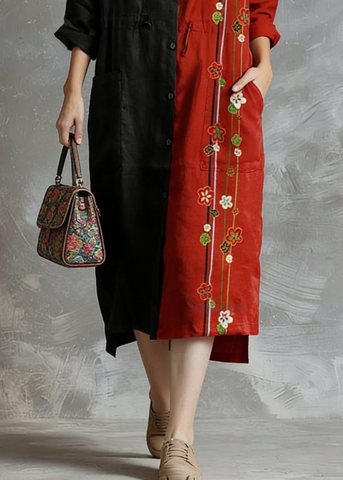 Split Panel Embroidered Floral Button Front Pocket Shirt Dress 4