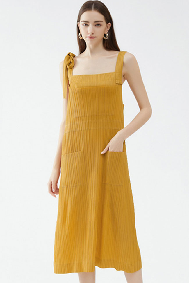 Square Neck Tie Strap Pocketed Pleated Midi Dress