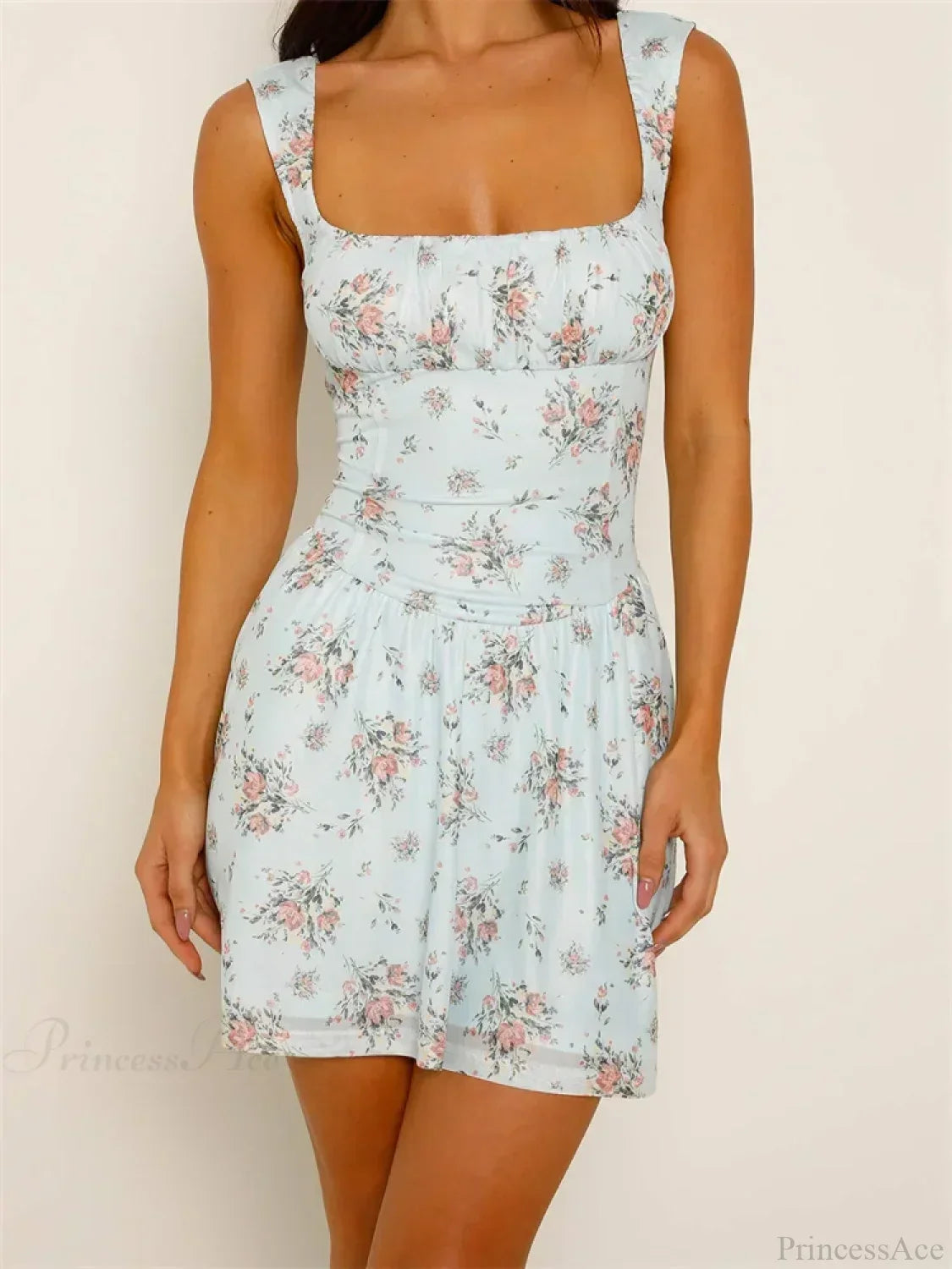 Square Neck Ruched Bust Floral Print A-Line Mini Dress