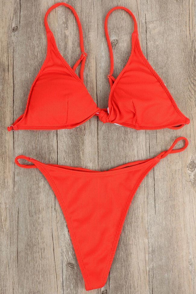 Ribbed Knotted Front String Thong Bikini - Two Piece Swimsuit