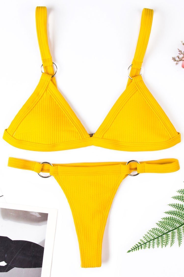 Yellow Ribbed Metal Ring Triangle Bikini