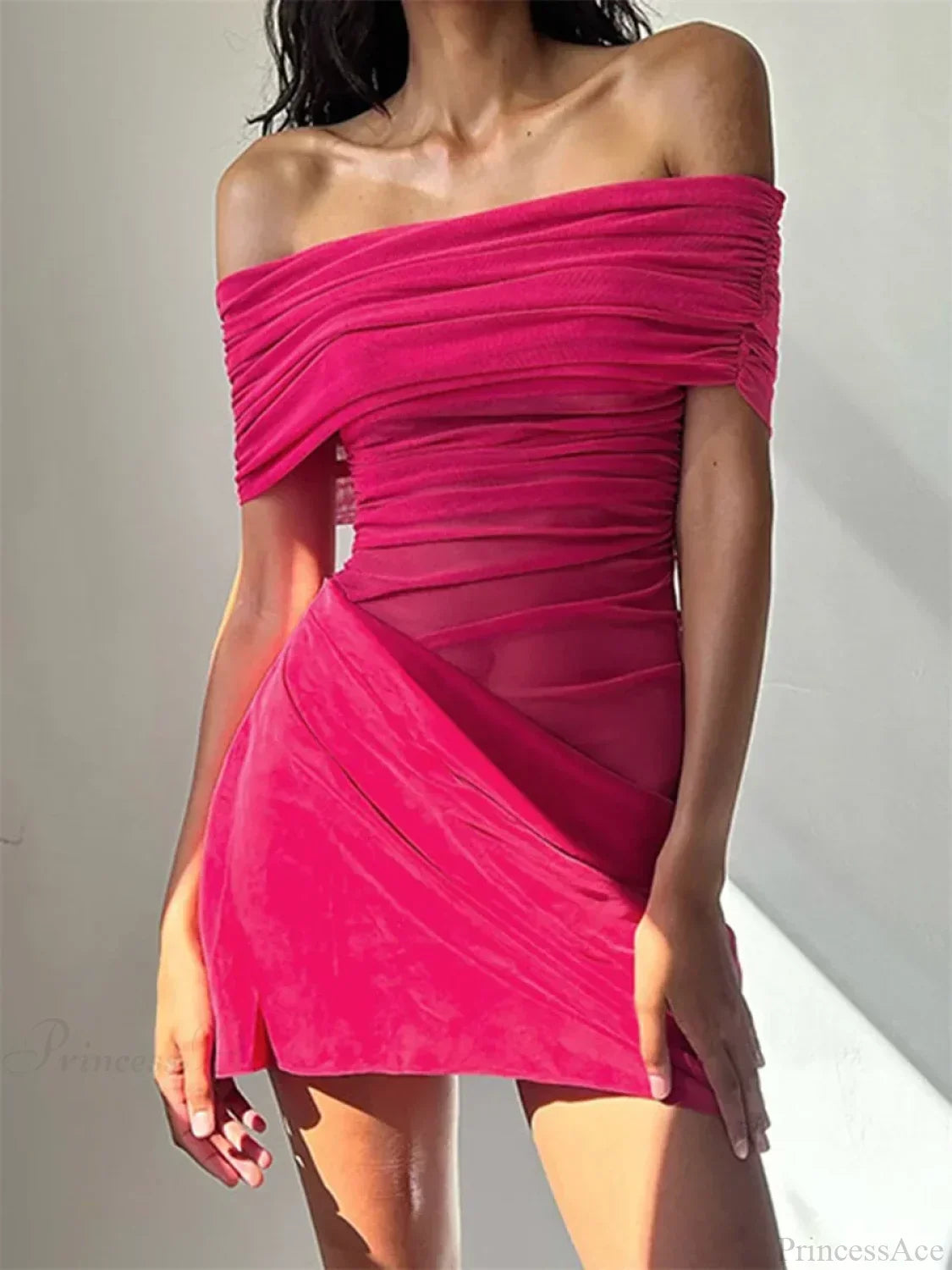 Off Shoulder Ruched Mesh Draped Wrap Asymmetrical Hem Bodycon Mini Dress