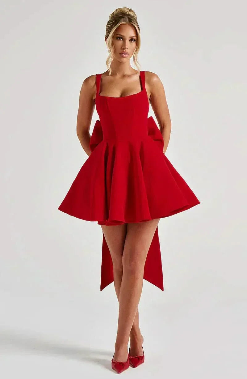 Square Neck Box Pleat Back Oversized Bow Tail Mini Dress
