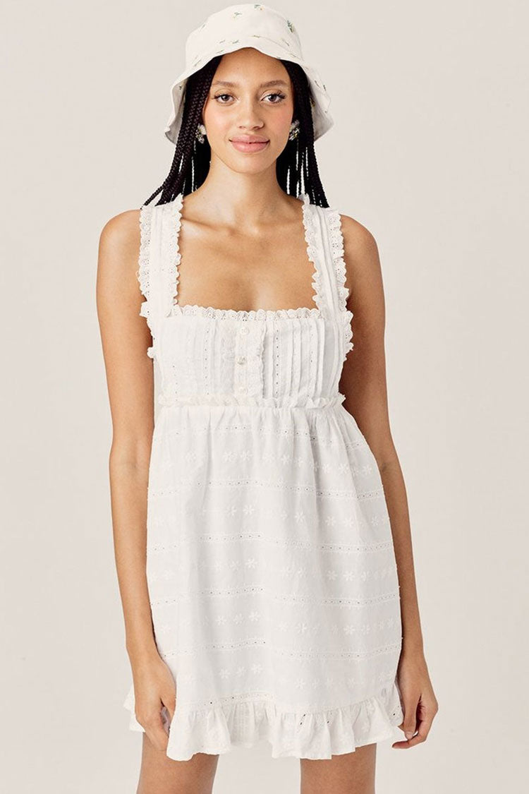 Eyelet Lace Floral Embroidered Square Neck Babydoll Ruffle Hem Mini Dress