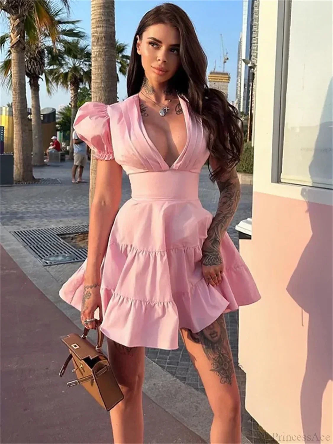 Deep V-Neck Puff Sleeve Cinched Waist Tiered Ruffle Mini Dress