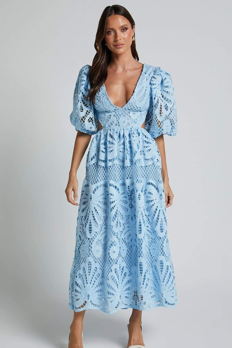 Lace Deep V-Neck Puff Sleeve Waist Cut Out Tiered Midi Dress 8