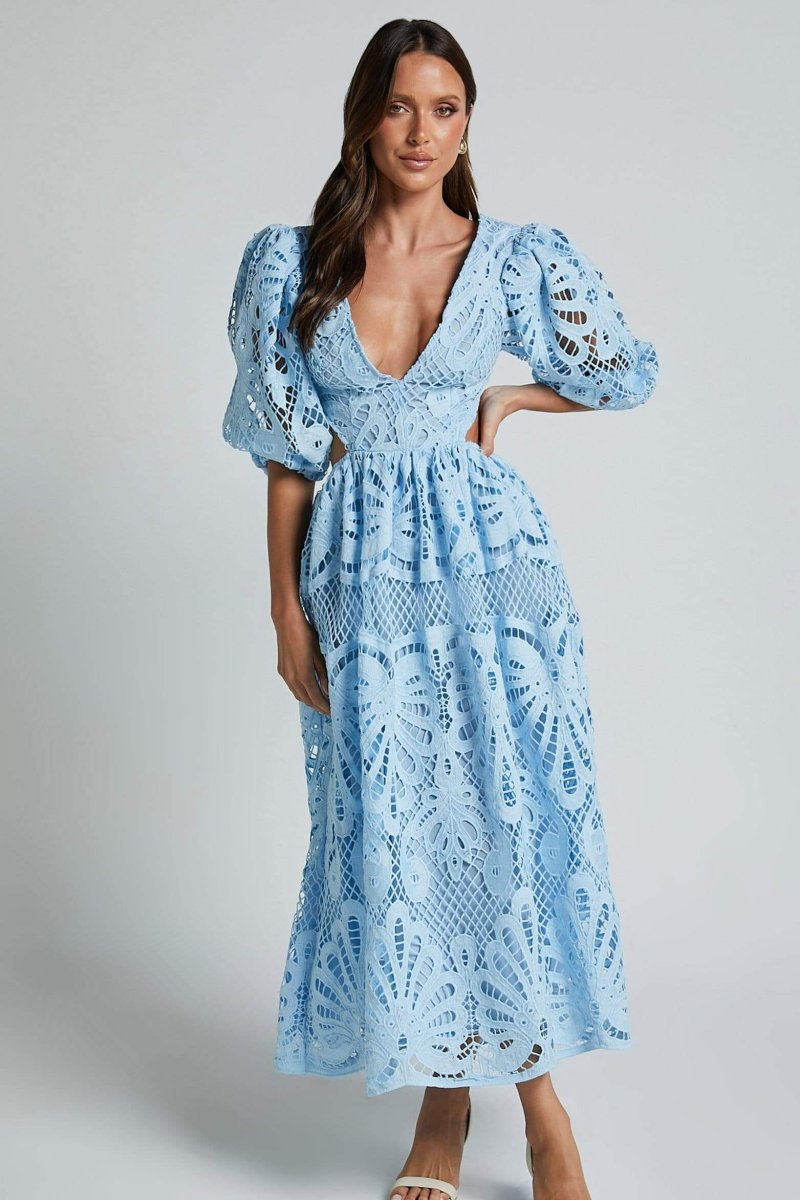 Lace Deep V-Neck Puff Sleeve Waist Cut Out Tiered Midi Dress 14