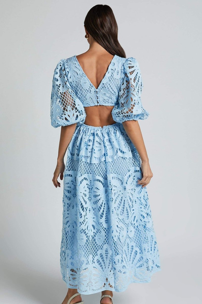 Lace Deep V-Neck Puff Sleeve Waist Cut Out Tiered Midi Dress 10