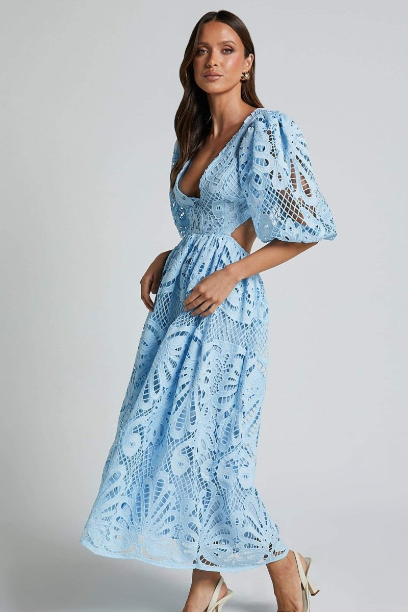 Lace Deep V-Neck Puff Sleeve Waist Cut Out Tiered Midi Dress 9