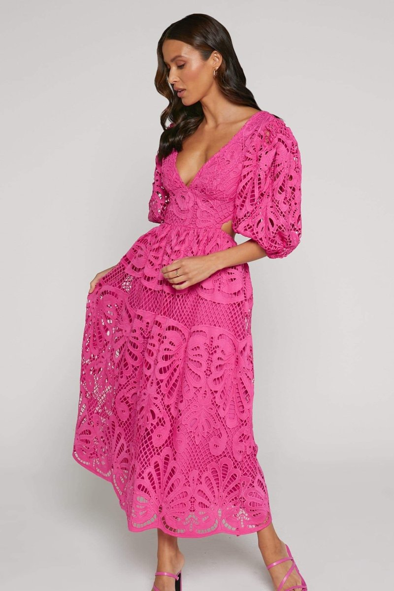 Lace Deep V-Neck Puff Sleeve Waist Cut Out Tiered Midi Dress 6