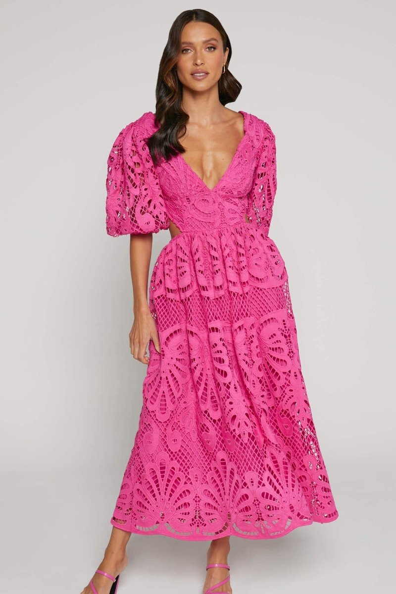 Lace Deep V-Neck Puff Sleeve Waist Cut Out Tiered Midi Dress 13